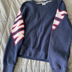 PINK Victoria's Secret Women's Navy Crewneck Sweatshirt with Sleeve Logo